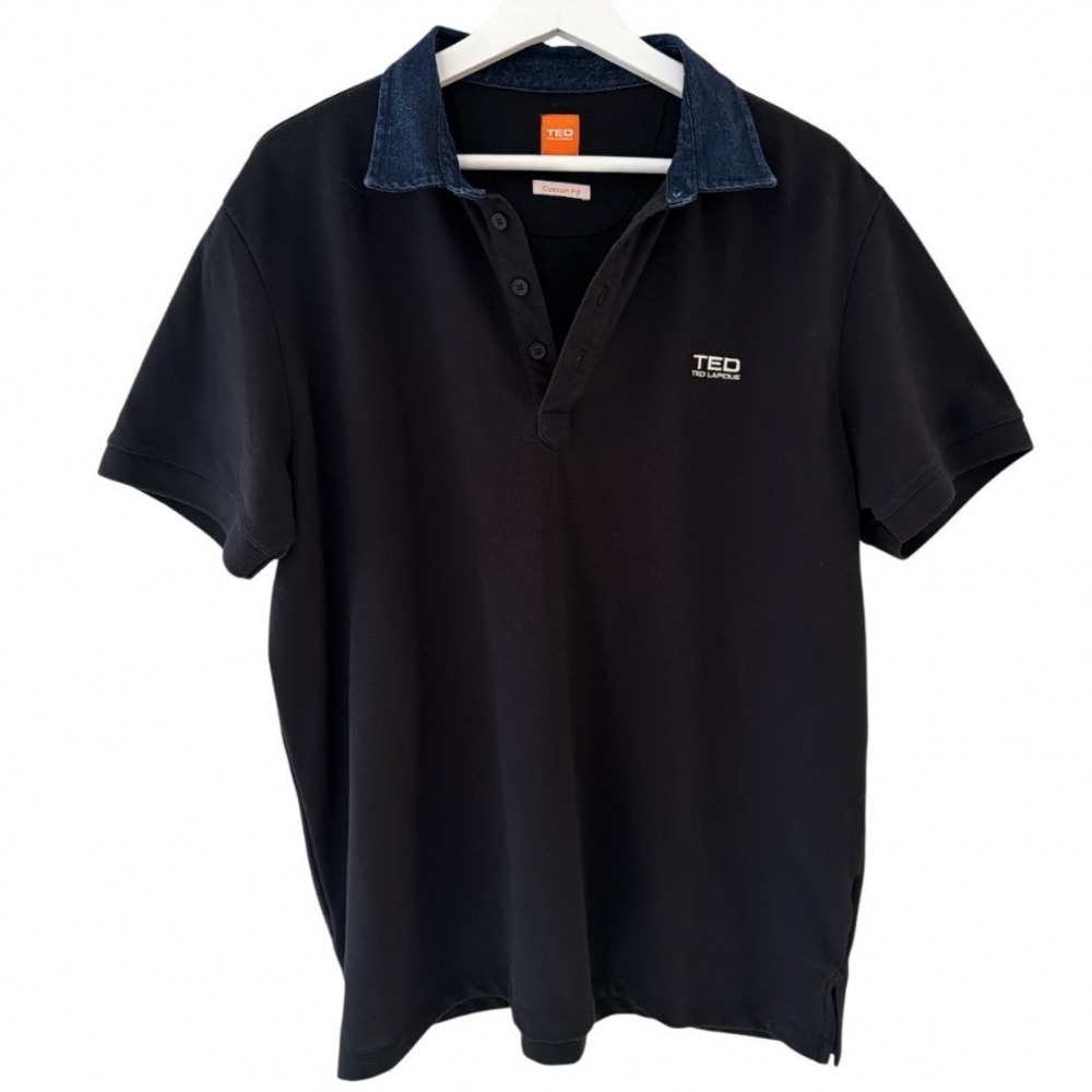 Ted Lapidus Mens Custom Fit Black Polo Shirt‎ Denim Collar XL Short Sleeve Logo